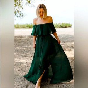 Baltic Born Victoria off the shoulder maxi dress emerald green.